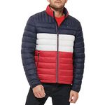 Tommy Hilfiger Men's Water Resistant Ultra Loft Down Alternative Puffer Jacket Coat, Midnight/Ice/Red Colorblock, XXL