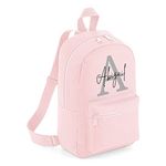 Merch Kingdom Personalised Letter Backpack - Any Name Rucksack - Girls Mini School Bag - Great for PE, After School Club and Nursery - Pink w/Grey Letter