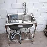 Outdoor Sink Single Bowl, Freestanding Stainless Steel Utility Sink with Hose Hook Up, Commercial Kitchen Sink with Hot and Cold Tap for Restaurant, Bar, Laundry, Garage, Backyard