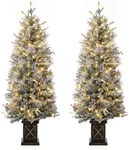 GAOMON 4.5ft Christmas Tree 2 Set with 200 Warm White LED Lights, Pre-Lit Snow Flocked Christmas Tree with X Shape Potted Base, Artificial Xmas Tree with Red Berries, Decoration for Home, Entrances