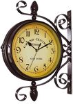 WOOCH Wrought Iron Antique-Look Brown Round Wall Hanging Double Sided Two Faces Retro Station Clock Round Chandelier Wall Hanging Clock with Scroll Wall Side Mount Home Décor Wall Clock 8-inch