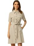 Allegra K Women's Safari Dresses Summer Cotton Short Sleeve Belted Button Down Shirtdress Beige XL