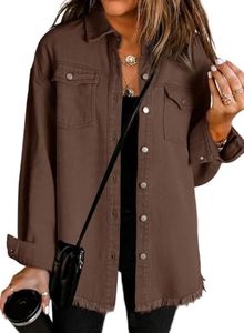 Dokotoo Jean Jacket Women Spring Summer Fall Country Concert Outfits Casual Long Sleeve Denim Shirt Distressed Boyfriend Denim Jacket Shackets Western Jean Jacket Womens Clothing Brown Jackets M