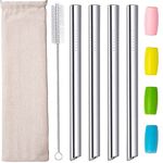 Reusable Metal Boba Smoothie Bubble Tea Straw Extra Wide Stainless Steel Straws for Milkshake Jumbo Tapioca Pearl Fat Pointed Sharp Tip With Travel Carry Bag Silicone Tips Cleaner Brush 12mm 0.5" 4Pcs