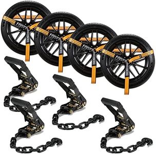 4 Pack Ratchet Car Tie Down Strap with Chain Hooks 2" x 144' Heavy Duty 10,000lbs Min Break Strength Tire Straps for Truck & Trailer by KODIAK STRAPS