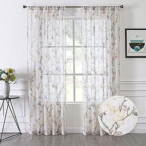 Tollpiz Floral White Sheer Curtain Flower Print Vine Embroidery Bedroom Curtains Rod Pocket Voile Window Curtain for Living Room, 54 x 84 inches Long, Set of 2 Panels