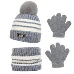 Waylipun Kids Winter Hat Scarf Gloves Set, 3 in 1 Thermal Knitted Pompom Stripe Snood Scarf Gloves Set with Double Layer Fleece Lining for Kids Boys Girls 3-8 Year Old (Grey)
