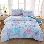 SUCSES Blue Plush Shaggy Duvet Cover Set Twin Size Faux Fur Fluffy Girls Bedding Set Rainbow Tie Dye Furry Comforter Cover Set Velvet Ombre Fuzzy Bed Set for Kids Teens Girls