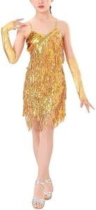 AIEOE Abito Ballo Latino Bambina Frange Salsa Samba Rumba Tango Jazz Carnevale Performance Costume da Competizione 10-11 Ann Oro