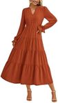 PRETTYGARDEN Women's Fall Maxi Dress Long Sleeve V Neck Tiered Ruffle Flowy A Line Cocktail Party Dresses (Brick Red,Large)