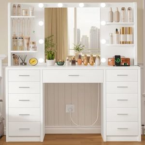 Quimoo Large Vanity Desk with Mirror and Lights, Makeup Vanity with 11 Drawers & 6 Open Shelves, 3 Color Modes & Adjustable Brightness, White Vanity for Girls
