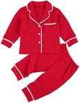 Miolasay Kids Baby Boy Girl Cotton Pajamas Set Long Sleeve Lapel Ruffle Hem Buttons Red Tops + Pants Suit Sleepwear Nightwear Homewear (B-Red, 6-12 Months)