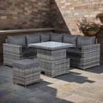 Club Rattan High Back Rattan Garden Corner Sofa Set with Rising Table In Grey Weave