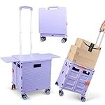 Foldable Utility Cart Folding Portable Rolling Crate with Magnetic Extended Lid,360°Rotate Wheels,176LBS Load Capacity,Heavy Duty Durable Dolly Cart for Teacher Tourist Shopping Office Outdoor Purple