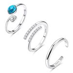 JeryWe 3Pcs S925 Sterling Silver Toe Rings for Women Simple Thin Band Toe Rings Open Adjustable African Toe Rings Cubic Zirconia Turquoise Toe Ring Set Summer Beach Jewelry