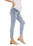 V VOCNI Maternity Jeans Skinny Distressed Denim Stretch Slim Jeggings Underbelly Pregnancy Pants Light Blue Medium