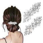 MAYCREATE® 2Pcs Rhinestone Hair Clips for Women Stylish Latest Crystal Pearl Hair Barrettes, Silver French Hairpin Flower Hair Clip Bridal Hair Accessories for Daily, Party, Wedding