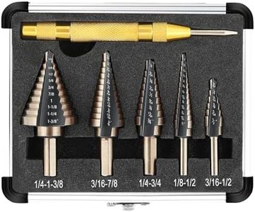 COMOWARE Step Drill Bit Set & Automatic Center Punch- Black and Gold, Double Cutting Blades, High Speed Steel, Short Length Drill Bits Set of 5 pcs, Total 50 Sizes with Aluminum Case
