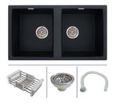 Zinzer Double Bowl, Quartz Kitchen Sink, Black Color 33 x 18 x 8, German Engineered, Smooth Metallic Finish | Box includes Kitchen Sink, Sink Coupling, Hose Pipe, Drainer Basket