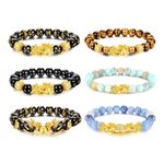 JeryWe 6 Pcs Feng Shui Pixiu Good Luck Bracelets for Men Women Natural Stone Tiger Eye Bead Bracelet Pi Yao Chinese Dragon Charm Adjustable Feng Shui Black Obsidian Wealth Bracelet Set