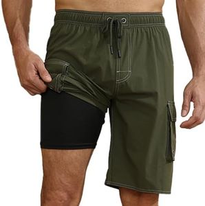 SONGDAI Mens Swim Trunks Swim Shorts for Men Quick Dry with Compression Liner Pocket Beach Board Bathing Suits Army Green 4X-Large