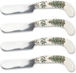 Spode Christmas Tree Collection Cheese Spreaders, Set of 4, Stainless Steel, Porcelain Handle, 4.75-Inches, Jam Spreader, Butter, and Pastry Knife, Holiday Silverware