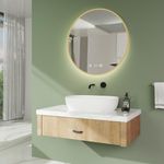 S'AFIELINA Round Bathroom Mirror 600mm, Wall Mounted Backlit Vanity Circular Mirror with Demister, Illuminated Large Mirror with Touch Dimmable, Clock Temperature Display, Gold