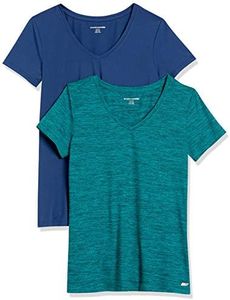 Amazon Essentials Women's Tech Stretch Short-Sleeve V-Neck T-Shirt (Available in Plus Size), Pack of 2, Blue/Teal Green Space Dye, Medium