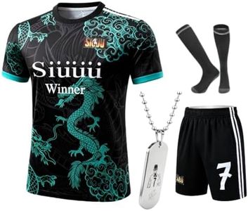Youth Soccer Uniform Set #7 Complete Kit with Futbol Jersey Shorts Socks Necklace for Kids Boys Girls Team Practice Gear (C.R.Dragon.Green#7, 9-10 Years)