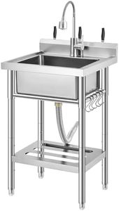 Commercial Stainless Steel Utility Sink with Faucet, Freestanding Laundry Sink with Adjustable Legs, Storage Shelf, Hooks, Backsplash, Hot & Cold Water for Kitchen, Garage, Outdoor, Farm