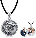 CHENGHONG Wolf Necklace Locket Necklace 925 Sterling Silver Locket Necklace That Holds Pictures Vintage Oxidized Wolf Pendant for Women Viking Jewelry for Men