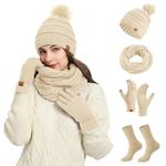 Hat Scarf and Gloves Set Ladies, Winter Beanie Hat Scarf Gloves Set 3 In1 Cable Knitted Hat Fleece Neck Warmer Touchscreen Gloves Set Fleece Lined Warm Thermal Outdoor Sports Sking (Beige, One Size)