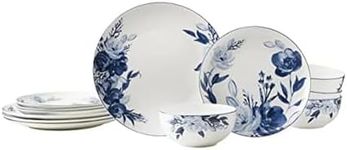 Mikasa Darcy Bone China Lightweight Chip Resistant 12 Piece Dinnerware Set, Service for 4,Blue and White