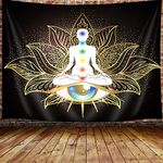 Seven Chakra Tapestry, Mandala Eyes Yoga Meditation Zen Decor Small Tapestry Wall Hanging for Bedroom, Hippie Golden Black Lotus Spiritual Tapestries Poster Beach Blanket College Dorm Home (60W X 40H)