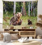 Ambesonne Nature Tapestry, Wild Mother Grizzly Bear Protecting Her Babies in Forest Jungle Animal Print, Wide Wall Hanging for Bedroom Living Room Dorm, 60" X 40", Green Brown