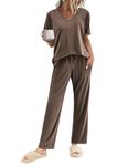 Ekouaer Pajama for Women Travel Outfits 2 Piece Sets V Neck Lounge Set Soft Pajama Set Pj Pants Set with Pockets Knit Loungewear Brown XL