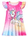 COTRIO Girls Nighties Rainbow Unicorn Dresses Princess Summer Short Sleeve Cartoon Floral Print A-line Clothes 6-7 Years