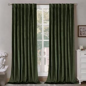 BGment Olive Green Velvet Curtains 90 Inches for Living Room, Thermal Insulated Blackout Curtains Room Darkening Drapes with Back Tab and Rod Pocket for French Door, Set of 2 Panels, 52 x 90 Inch