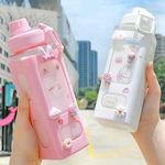 WEZOSHINET Large Kawaii Water Bottle With Straw, 3D Stickers Cute Aesthetic Bottle Kawaii Milk Bottle Tea Cup Juice Shaker Portable Plastic Sport Square Shape Drinking Bottle (700Ml, Multicolor)