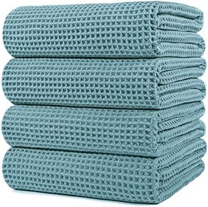 POLYTE Microfiber Oversize Quick Dry Lint Free Bath Towel, 60 x 30 in, 4 Pack (Green, Waffle Weave)