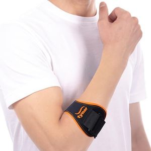 TYNOR Tennis & Golfer's Elbow Support Pro for Men & Women Adjustable Elbow Strap with Compression Pad Forearm Brace for Tendonitis Arm Band- Black & Orange, Free Size