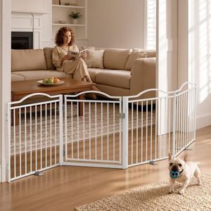 No Pawblems Free Standing Dog Gate & Dog Playpen, 4-Panel Foldable Metal Pet Fence with Door for Indoor Outdoor, Extra Wide Pet Gate for Stairs, Doorways, Deck, Yard, 104" W x 30 H, White