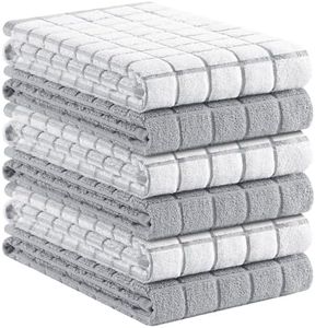 Kitinjoy Premium Kitchen Towels (16"x 28", 6 Pack), Large 100% Cotton Terry 390 GSM Kitchen Hand Towels, Ultra Absorbent Check Design Tea Towels Set with Hanging Loop, Light Grey