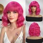 Esmee Short Wave Hot Pink Bob Wigs With Bangs Shoulder Length Wig Curly Wavy Synthetic Cosplay Wigs for Women Use-12 Inches