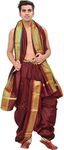 Exotic India Ready to Wear Dhoti and Veshti Set with Woven Golden Border - Color Tawny PortGarment Size Free Size