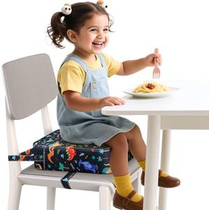 Toddler Booster Seat for Dining Table and Kitchen Chair – Adjustable Safety Straps, PU Leather, Non-Slip, Easy to Clean, Portable Travel Foam Booster Cushion for Kids & Toddlers (Black Dinosaur)