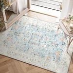 JINCHAN Area Rug 2x3 Door Mat Rug Vintage Floor Doormat Entrance Mat Foldable Thin Rug Blue Multi Floral Print Distressed Carpet Boho Farmhouse Kitchen Bathroom Living Room Bedroom Entryway