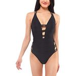 Jessica Simpson Women's V Neck One Piece Swimsuit Bathing Suit, Black, S