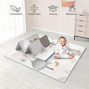 Fodoss 47x47inch Play Mat, 0.4 in Thick Waterproof Playmat for Babies and Toddlers, Foldable& Reversable Small Play Mat for 47x47inch Baby Playpen, Non-Toxic Foam Play Mat,Baby Activity Tummy Time Mat