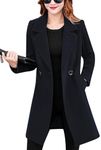 Tanming Womens Elegant Notched Collar Button Wool Blend Solid Long Pea Coat Overcoat, Black, Medium